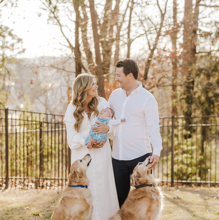 Wes Lyon With His Wife, Daughter, And Two Golder Retreivers