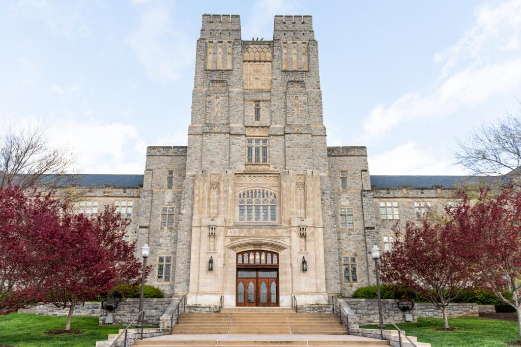 Historic Virginia Tech Polytechnic Institute And State University College Campus With Burruss Hall Facade Exterior In Spring, Nobody